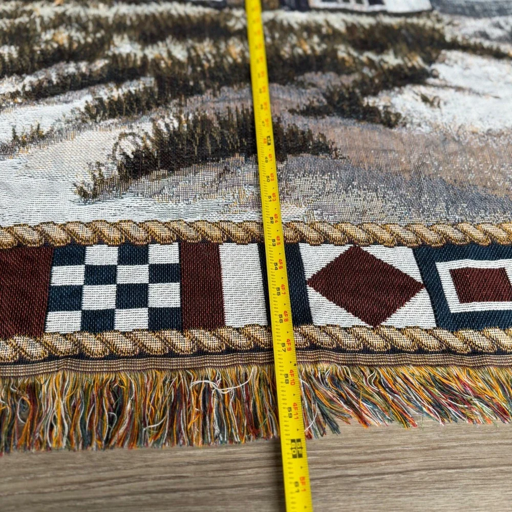 Vintage Lighthouse Woven Tapestry Throw Blanket Nautical Signal Flags 60x50